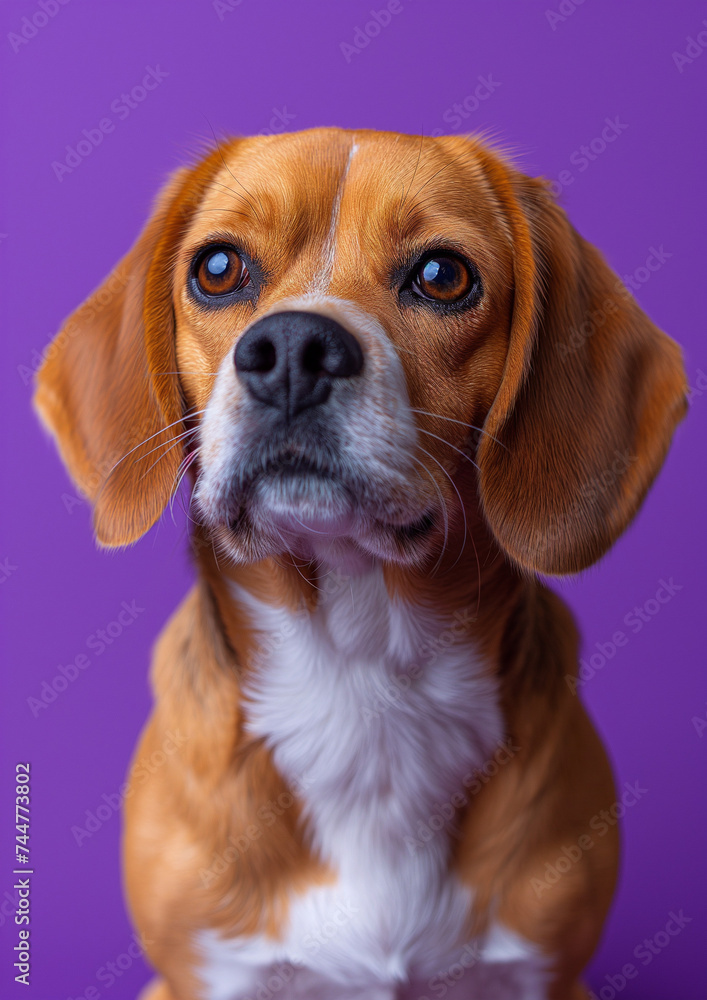 Close-up of a Beagle with soulful eyes against a violet background