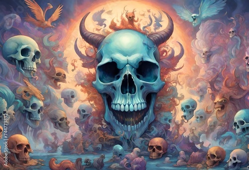 A fantastical menagerie of mythical creatures frolics amidst the iridescent mist billowing from a mysterious skull