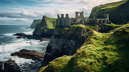 Cliffs and ruins of an old castle in Dunluce photo