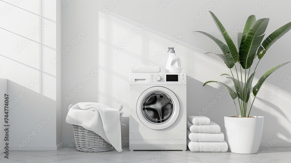 a washing machine positioned beside a white pot adorned with a plant and a nearby basket of towels, the meticulousness of household tasks. - obrazy, fototapety, plakaty 