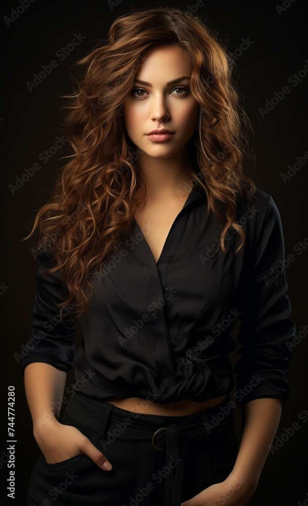 Photorealistic Style: Portrait of a Woman with Curly Hair in Black Clothing on an Elegant Background.