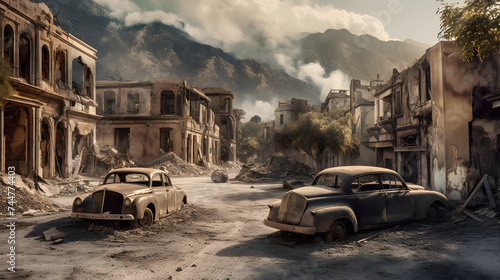  cars are wrecked on a burned out street with a view of the mountains © Oleksandr