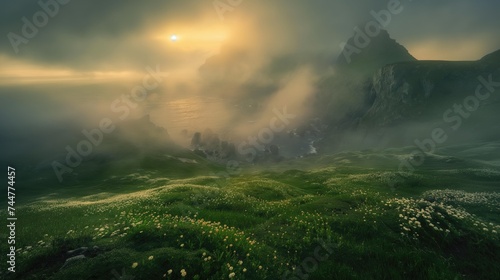 Foggy landscape in high green mountains with sunlight through the clouds in summer with some little white flowers near the sea or ocean coast