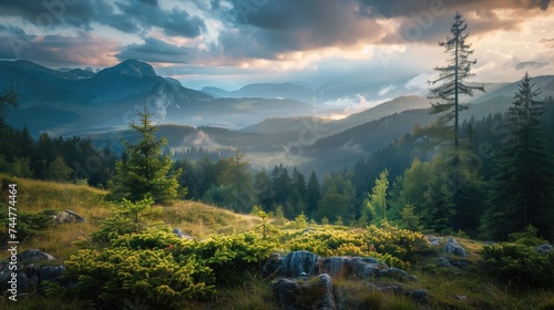 Foggy landscape in high green mountains with sunlight through the clouds in summer in Europe