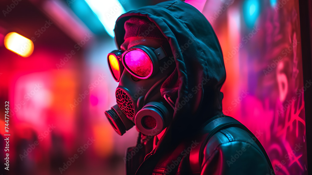 person in gas mask on neon background with neon lights person in gas mask on neon background with neon lights