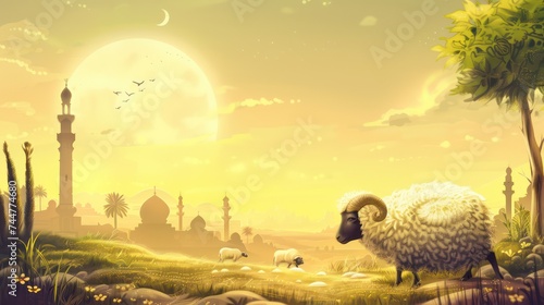 Eid ul-Adha with sacrificial animal  Eid ul Adha backgrounds with mosque and moon.
