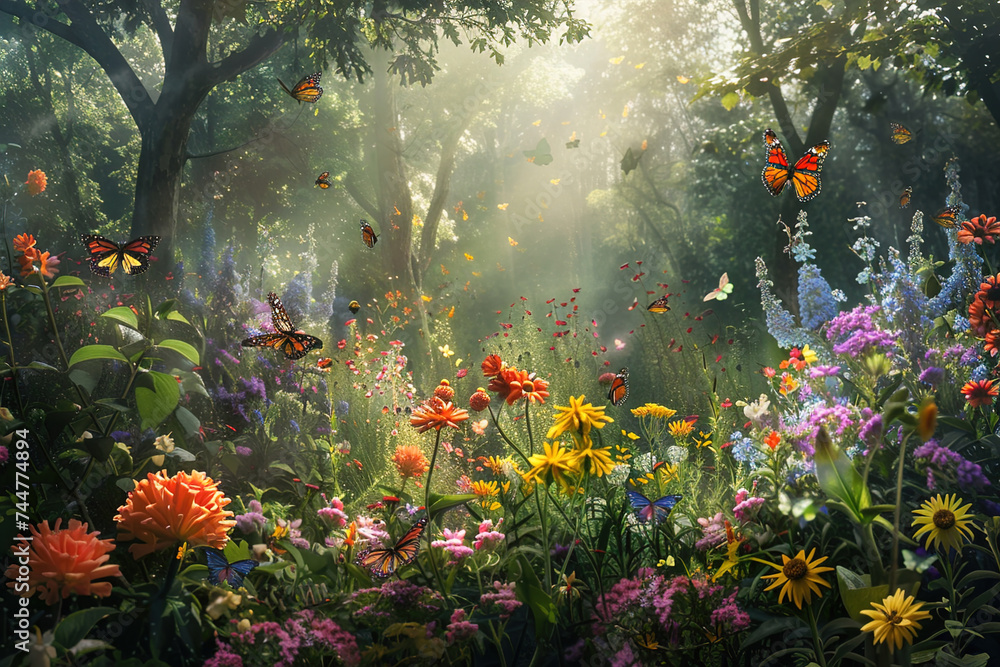 Summer in a lush garden bursting with colorful blooms, alive with buzzing bees and butterflies. - obrazy, fototapety, plakaty 