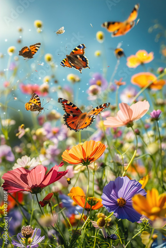 Summer in a lush garden bursting with colorful blooms, alive with buzzing bees and butterflies. © Degimages