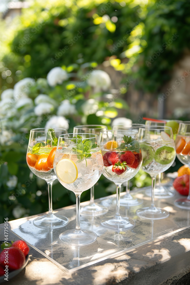 Refreshing fruit-infused water, served in glass on a sunlit garden terrace in the summer. Refreshing fruit-infused water, served in glass on a sunlit garden terrace in the summer.