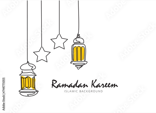 Continuous line drawing of ramadan kareem greeting card. lantern, moon and star islamic decoration, object one line, single line art, vector illustration