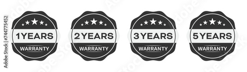 Warranty logo of 1 years, 2 years, 3 year and 5 years in zig-zag circle with star in black and white color on white background. Warranty label or seal flat icon set - Vector Logo photo