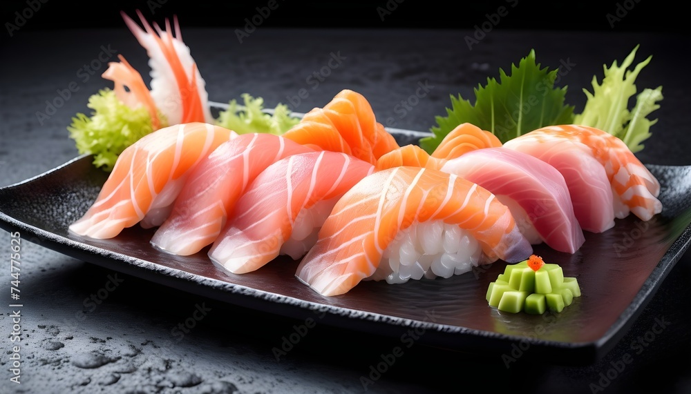 Sashimi and sushi on black dish Sashimi and sushi on black dish