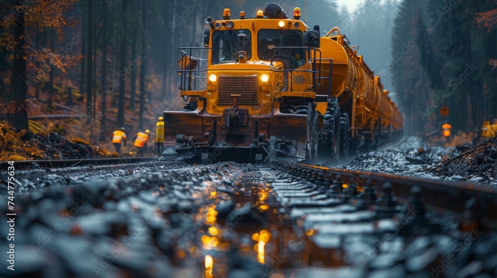 Workers are laying railways in hard to reach places with modern equipment Workers are laying railways in hard to reach places with modern equipment