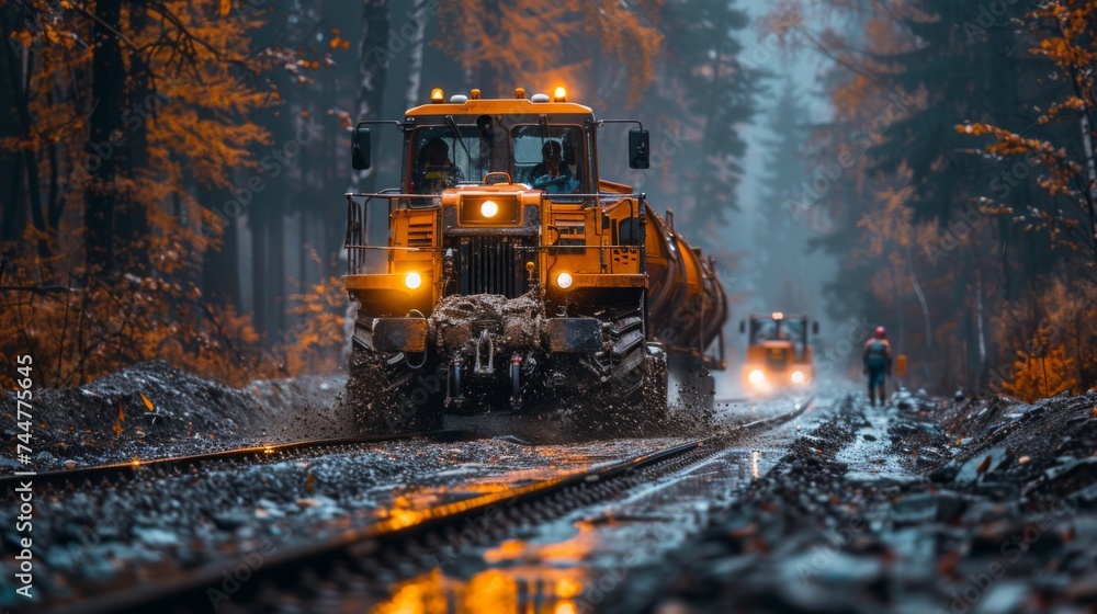Workers are laying railways in hard to reach places with modern equipment Workers are laying railways in hard to reach places with modern equipment