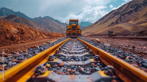 Workers are laying railways in hard to reach places with modern equipment photo