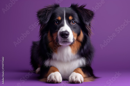 Attentive Australian Shepherd lying down on violet background