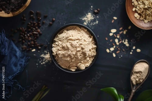 Plant-based protein powder with vegan nutrition and organic health supplements on a wooden table