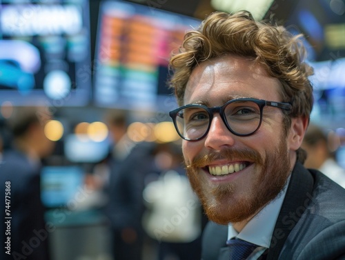 Amidst the hustle of the stock market, a charismatic young businessman flashes a confident smile at the camera, exuding professionalism and poise in every gesture. © Fay Melronna 