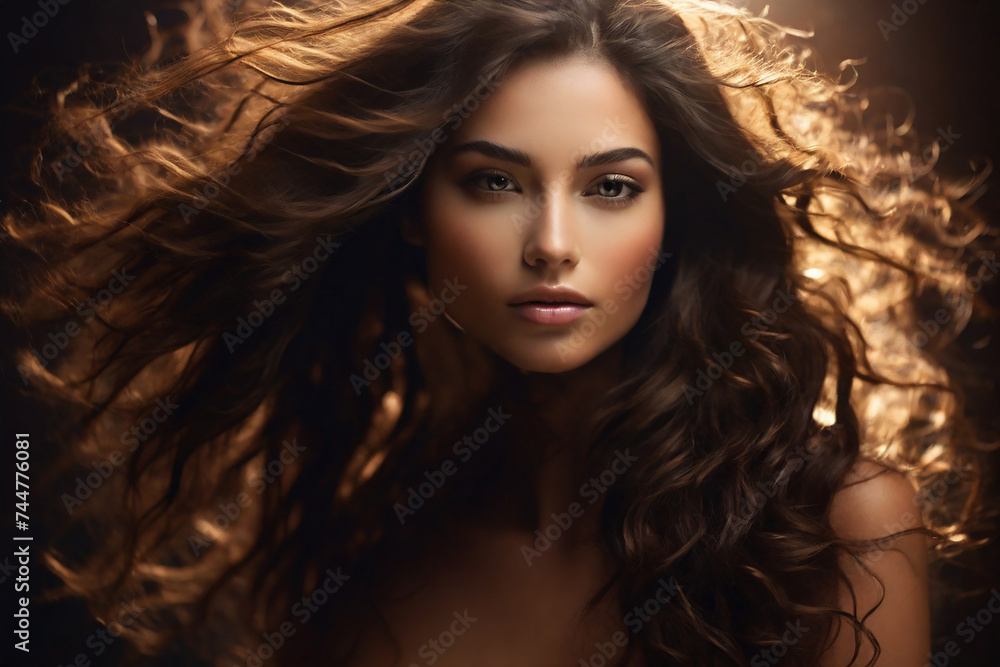 Portrait of a beautiful young brunette woman with long curly hair