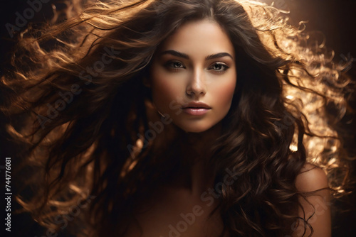 Portrait of a beautiful young brunette woman with long curly hair