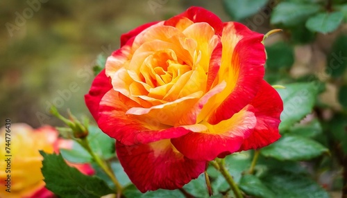 A macro shot of a red and yellow Hybrid tea rose  with its vibrant petals and leaves in the background. This annual terrestrial plant belongs to the Rose order  specifically Rosa centifolia