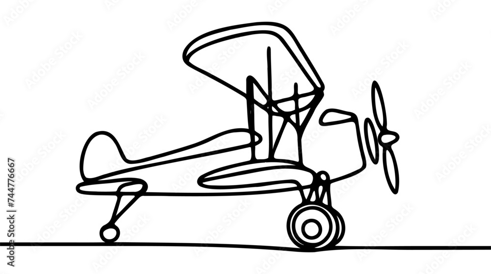 Small plane flying in the sky in one continuous line art drawing style. Small plane flying in the sky in one continuous line art drawing style.