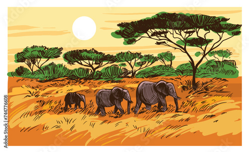 Elephants walk through the savannah, African landscape, vector  hand drawn illustration, sketch, engraving style