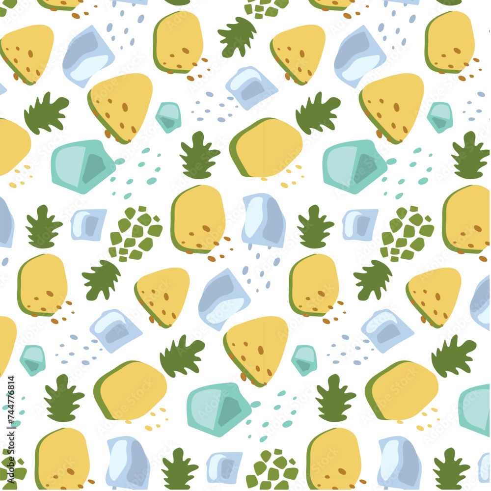 Obraz premium Abstract pattern pineapple and ice cube in flat style. Vape Vector background. Fresh Seamless pattern. Summer time print. Lemonade wallpaper.