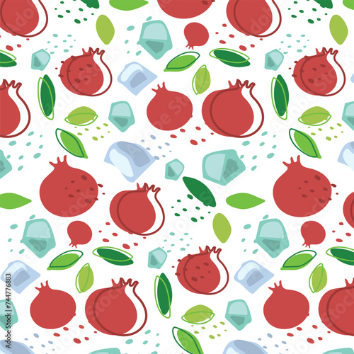 Abstract pattern with mint, pomegranate and ice cube pattern in flat style. Lemonade wallpaper. Vector background. Fresh Seamless pattern. Summer time print.
