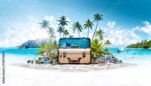 3D rendering of a tropical beach with palm trees, ocean, and a suitcase full of summer accessories © Graphic Dude