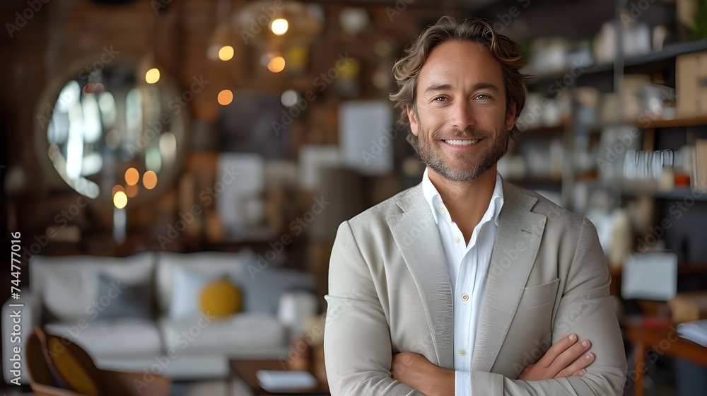 Fototapeta premium Smilling businessman in casual attire within a contemporary office, framed by a stylish blurred bokeh background