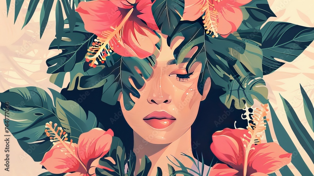 Drawing of a Chic Woman with Flowers and Leaves Drawing of a Chic Woman with Flowers and Leaves