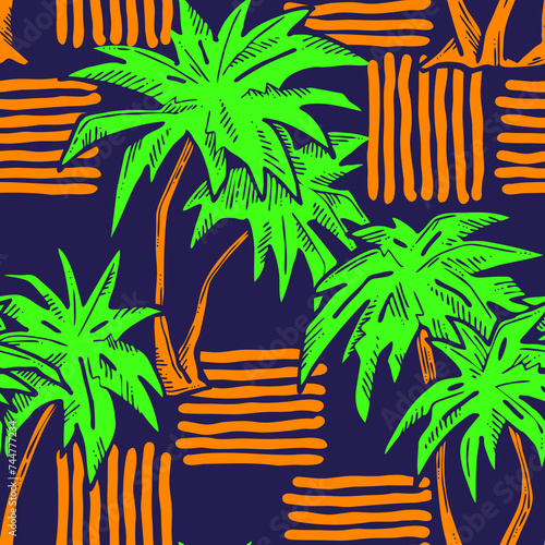 Tropical seamless pattern with palm leaves and tree. Holiday vocation theme for fabric print, textile design, fashion party invitation, luxury life style. Hand drawn cartoon line illustration.