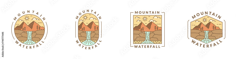 illustration of mountain and waterfall outdoor monoline or line art style