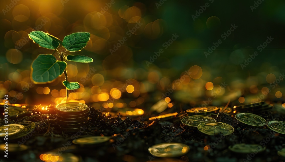 The coins are stacked on the ground and the seedlings are growing on top, the concept of saving money and financial and business growth. AI generated illustration - obrazy, fototapety, plakaty 