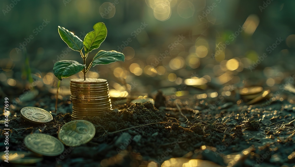 The coins are stacked on the ground and the seedlings are growing on top, the concept of saving money and financial and business growth. AI generated illustration - obrazy, fototapety, plakaty 