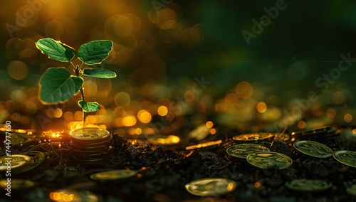 The coins are stacked on the ground and the seedlings are growing on top, the concept of saving money and financial and business growth. AI generated illustration photo