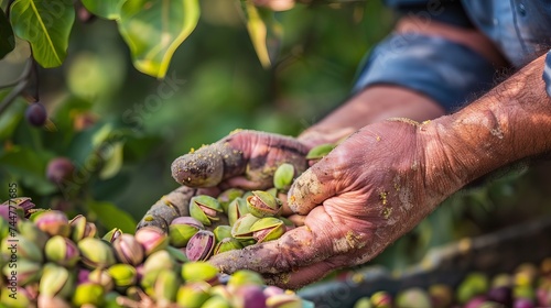 Pistachios being harvested by hand