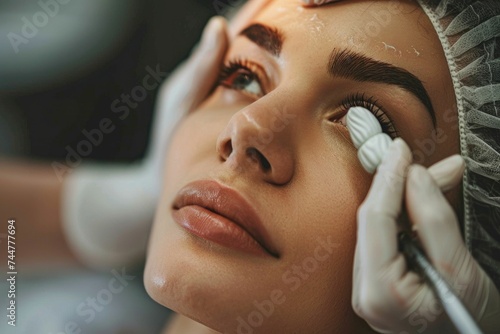 Expert beautician applies a chemical peel on a relaxed woman's face at a well-equipped beauty clinic. 