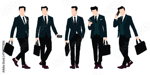 A businessman is going to the office with a briefcase in hand. Using a smartphone, walking. A group of businessmen standing poses isolated on a white background.