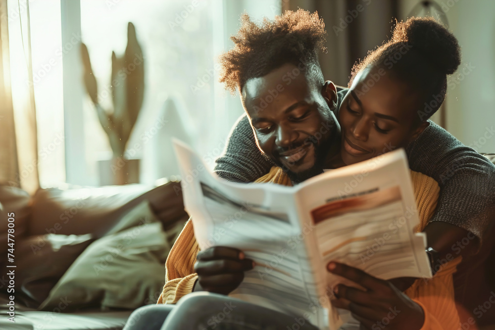 A couple embraces tenderly while reviewing life insurance policies, signaling reassurance and preparedness for life's uncertainties. - obrazy, fototapety, plakaty 