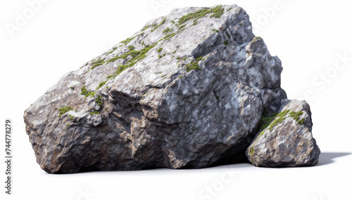  Large granite bolder covered with moss isolated on white background photo