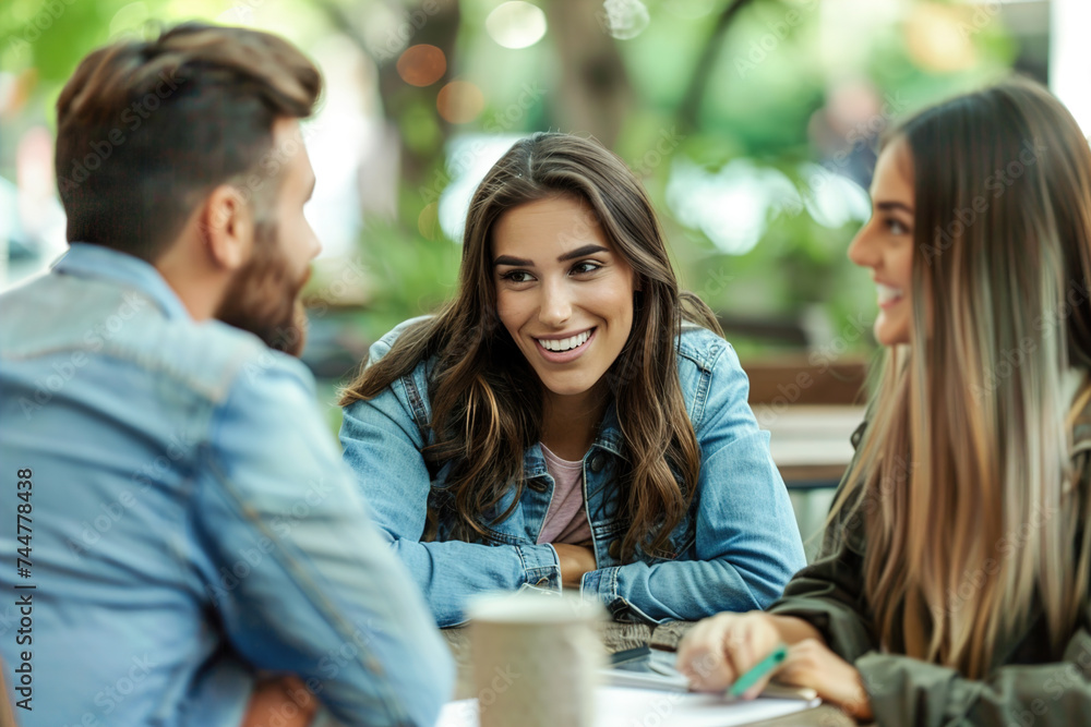 A young couple sits at a table, discussing insurance options with a financial advisor, showcasing planning and security for the futureл A young couple sits at a table, discussing insurance options with a financial advisor, showcasing planning and security for the futureл
