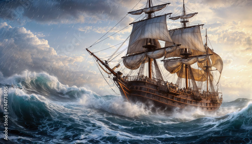  wooden ship in stormy sea, large waves and dark stormy clouds © Graphic Dude