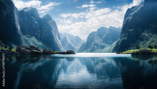 Peaceful mountain lake in a valley with green hills and blue sky