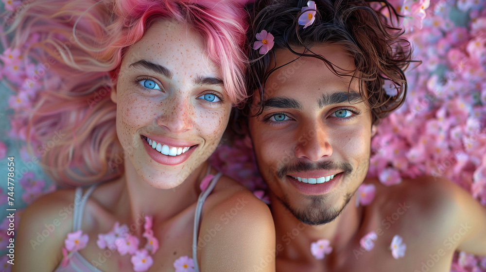 Beautiful couple with pink flowers Beautiful couple with pink flowers