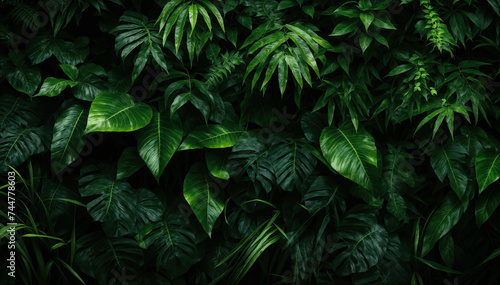 Lush green leaves of various tropical plants forming a dense natural background photo