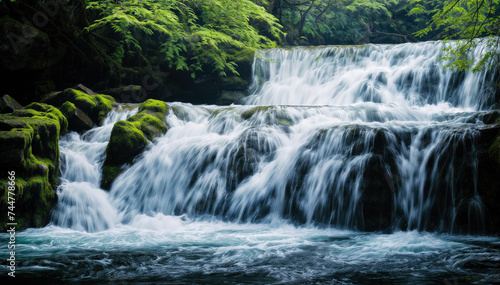  The image is of a waterfall in a forest and waterfall is surrounded by several different types of moss-covered rocks and lush green ferns.