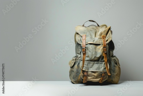 Canvas backpack with leather straps for travel and adventure on a neutral gray background