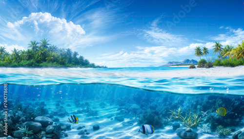  Amazing underwater view of a coral reef with tropical fish and underwater landscape with palm trees, white sand beach and crystal clear ocean water